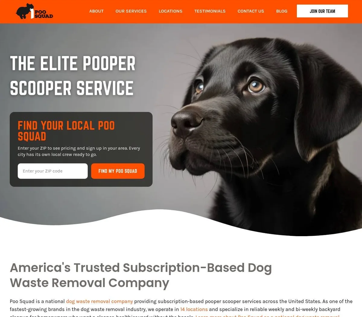 Poo Squad homepage: The Elite Pooper Scooper Service, with a local ZIP code finder